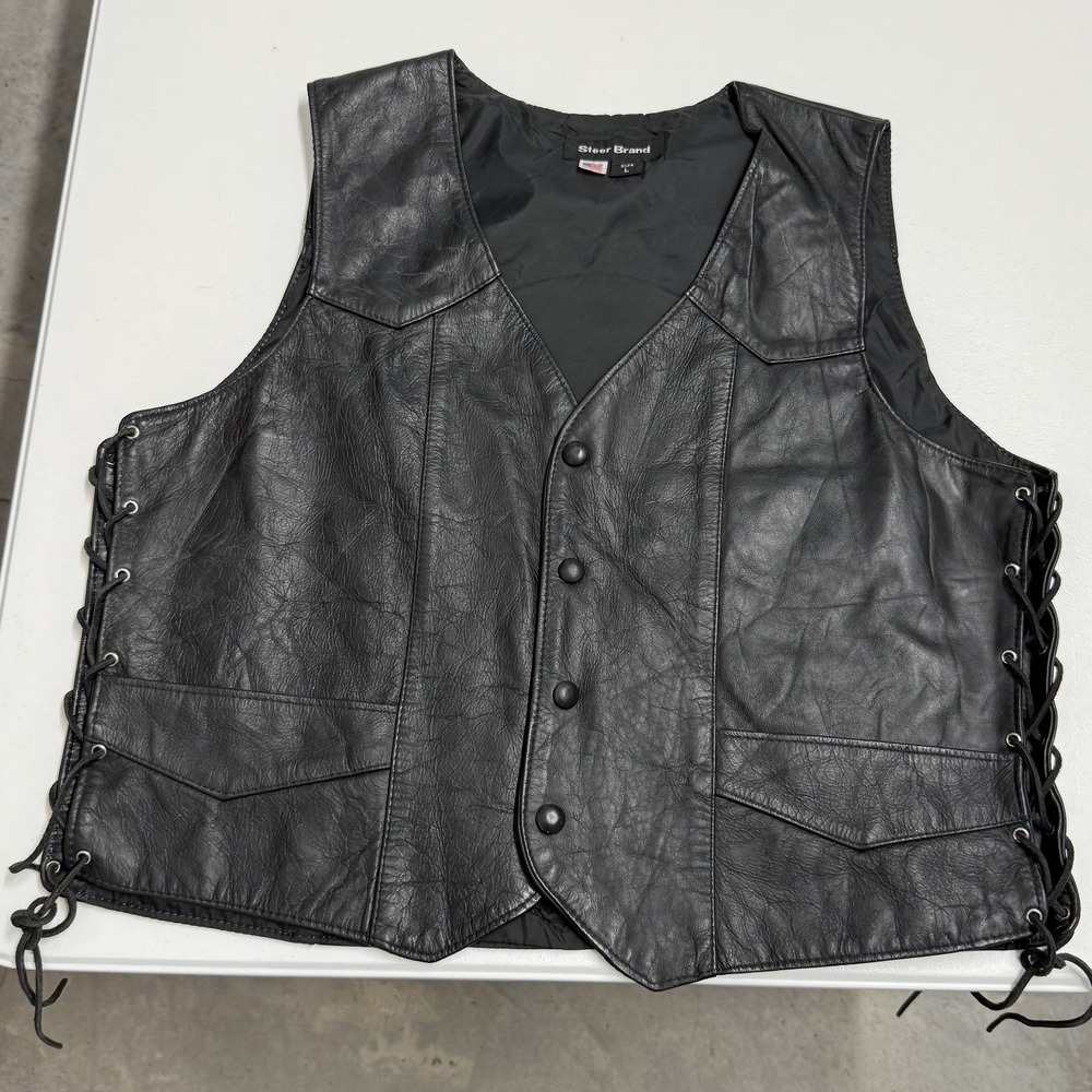 Steer Brand Leather Vest Mens L Black Excellent Harley Davidson Eagle Laced Side
